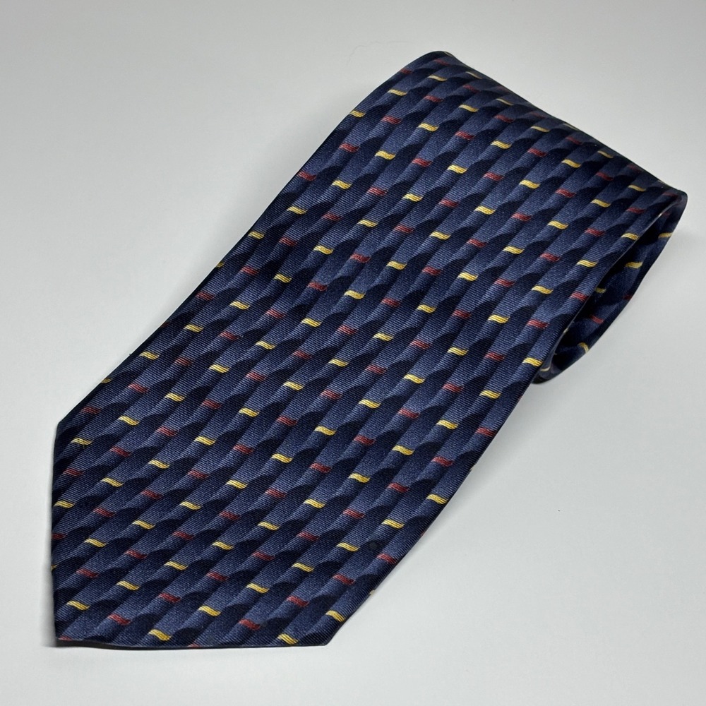 Firenze Necktie Mens Navy Blue Pure Silk Geometric Wave Pattern 60 inch Preppy